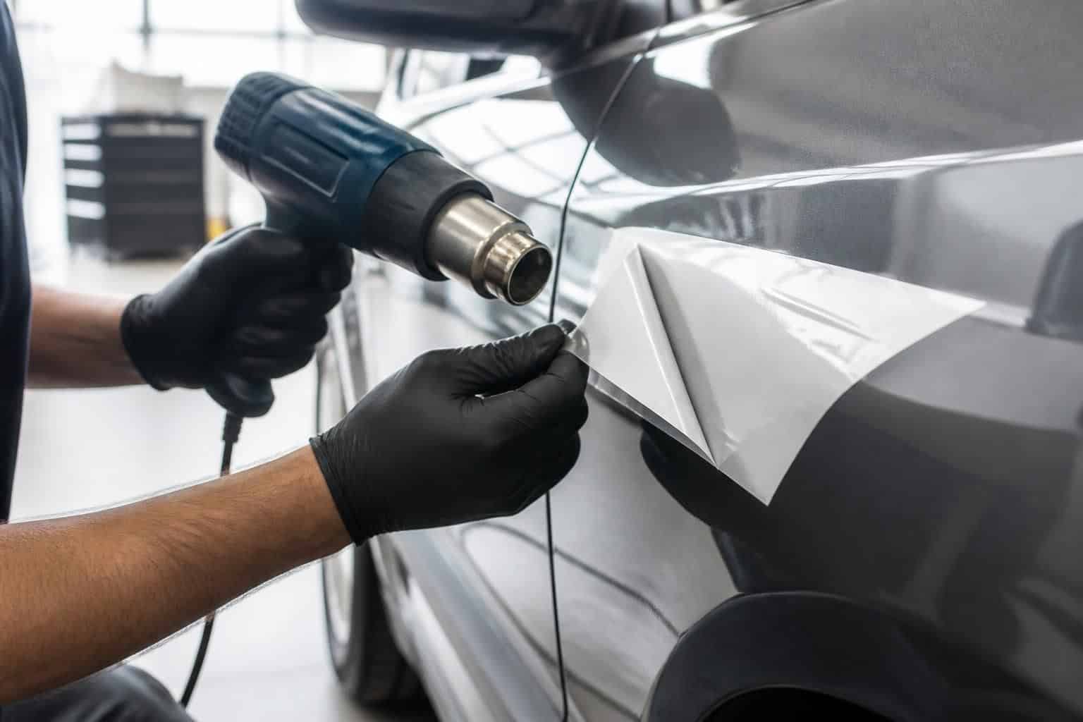 découvrez comment un spécialiste utilise un décapeur thermique pour enlever facilement un autocollant de voiture sans abîmer la peinture.