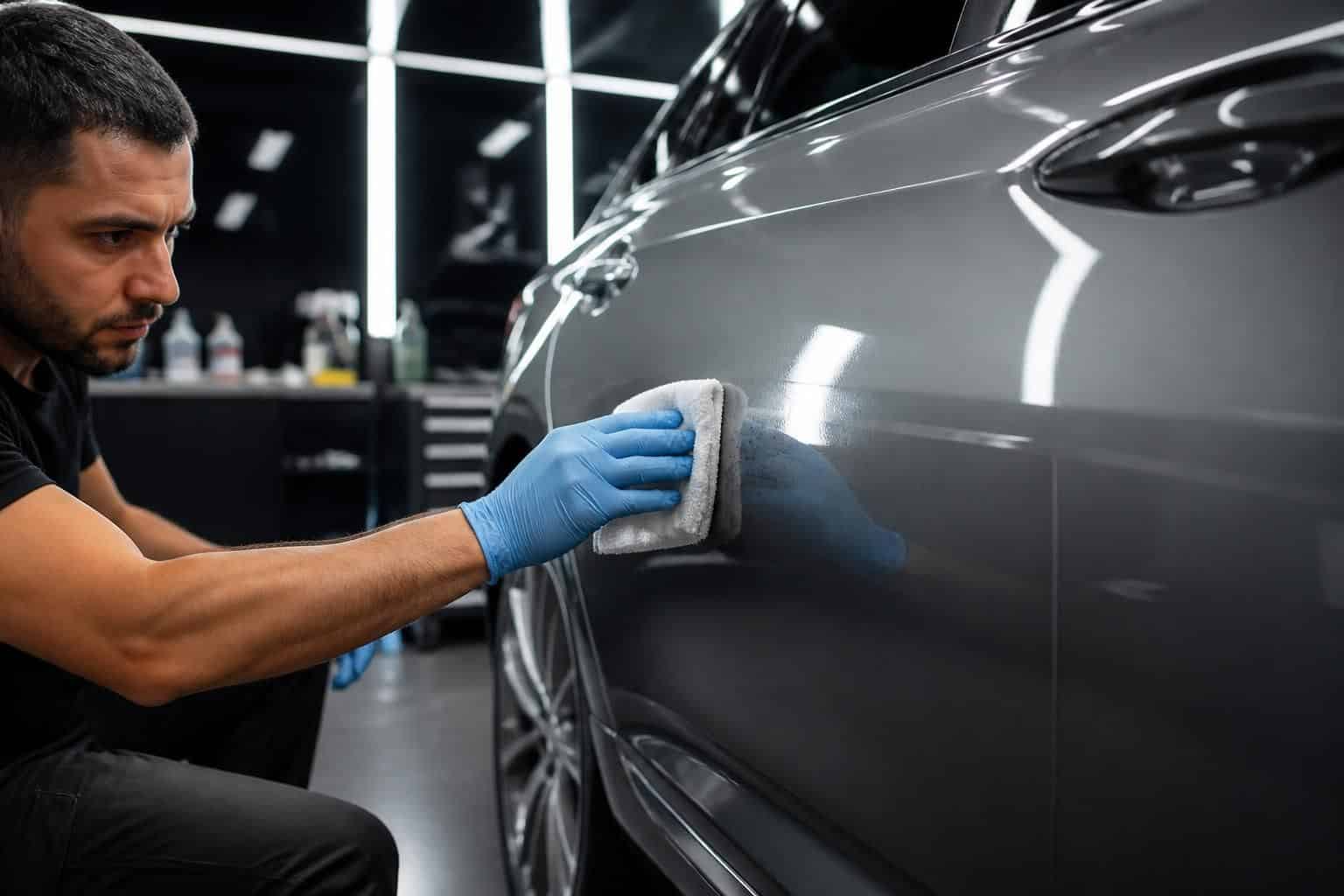 découvrez comment un préparateur esthétique utilise un solvant spécifique pour enlever efficacement le goudron sur votre voiture, garantissant une finition propre et brillante.