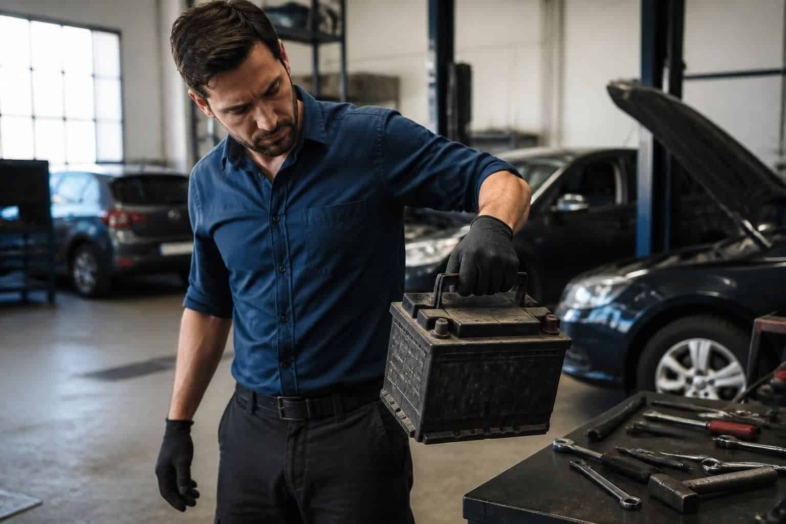 découvrez comment un vendeur évalue le poids d'une batterie de voiture lors de sa manipulation pour garantir une estimation précise et sécurisée.