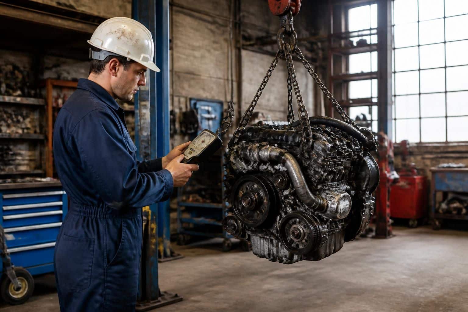 découvrez comment un mécanicien vérifie le poids d'un moteur de voiture lors d'un levage pour assurer la sécurité et la précision de l'opération.