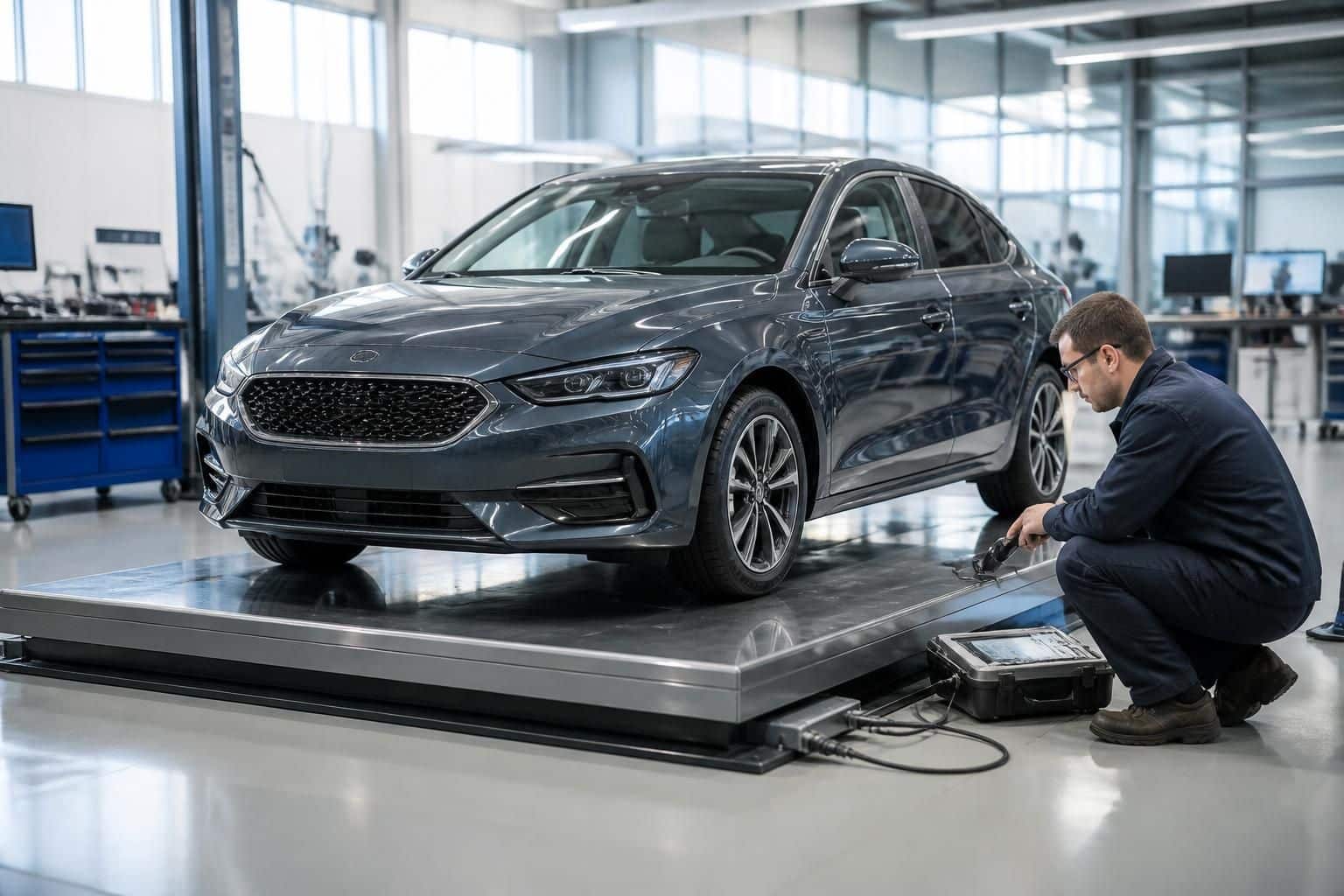 découvrez comment un ingénieur utilise une balance de pesée pour contrôler le poids moyen d'une voiture avec précision.