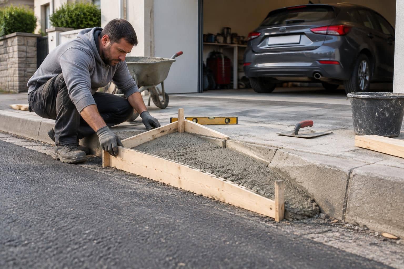 un bricoleur fabrique devant son garage une rampe de trottoir pratique pour faciliter l’accès de sa voiture.
