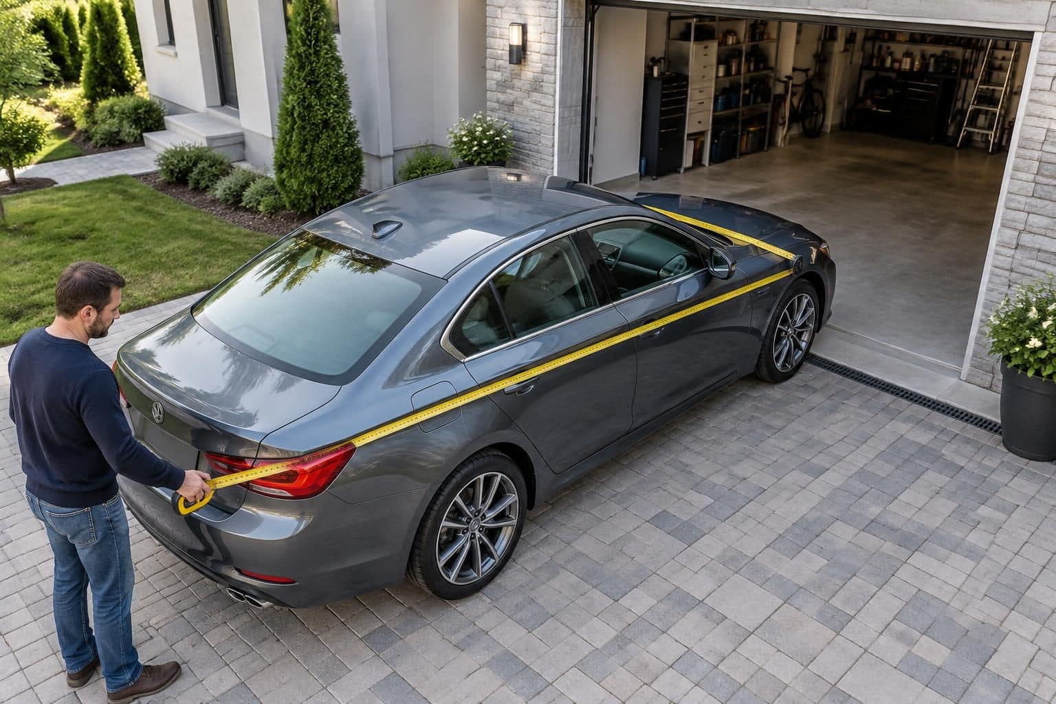 avant de faire entrer sa voiture dans le garage, le propriétaire mesure sa longueur et sa largeur pour vérifier qu’elle dispose de suffisamment d’espace.