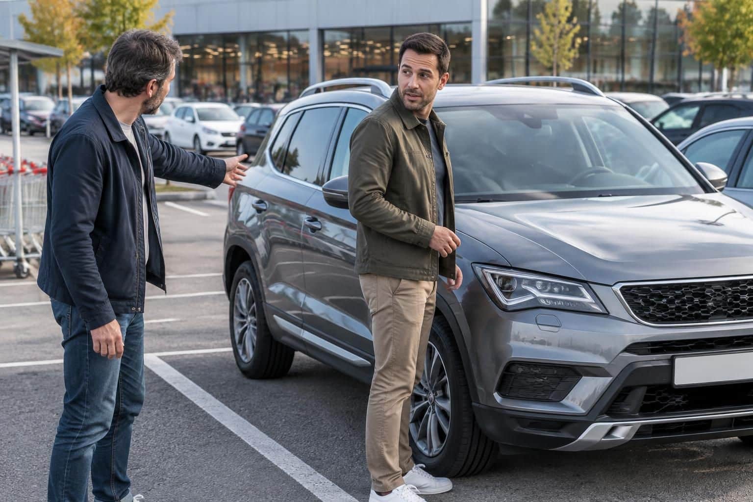 sur le parking du supermarché, un curieux interpelle un automobiliste : le 4x4 gris est-il à lui ?